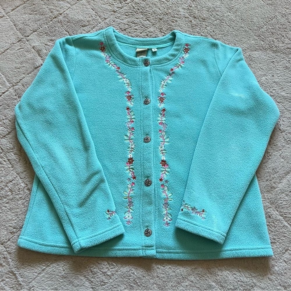 Vtg‎ L.L. Bean Polartec Fleece Embroidered Floral Cardigan Preppy Grandma Sz L